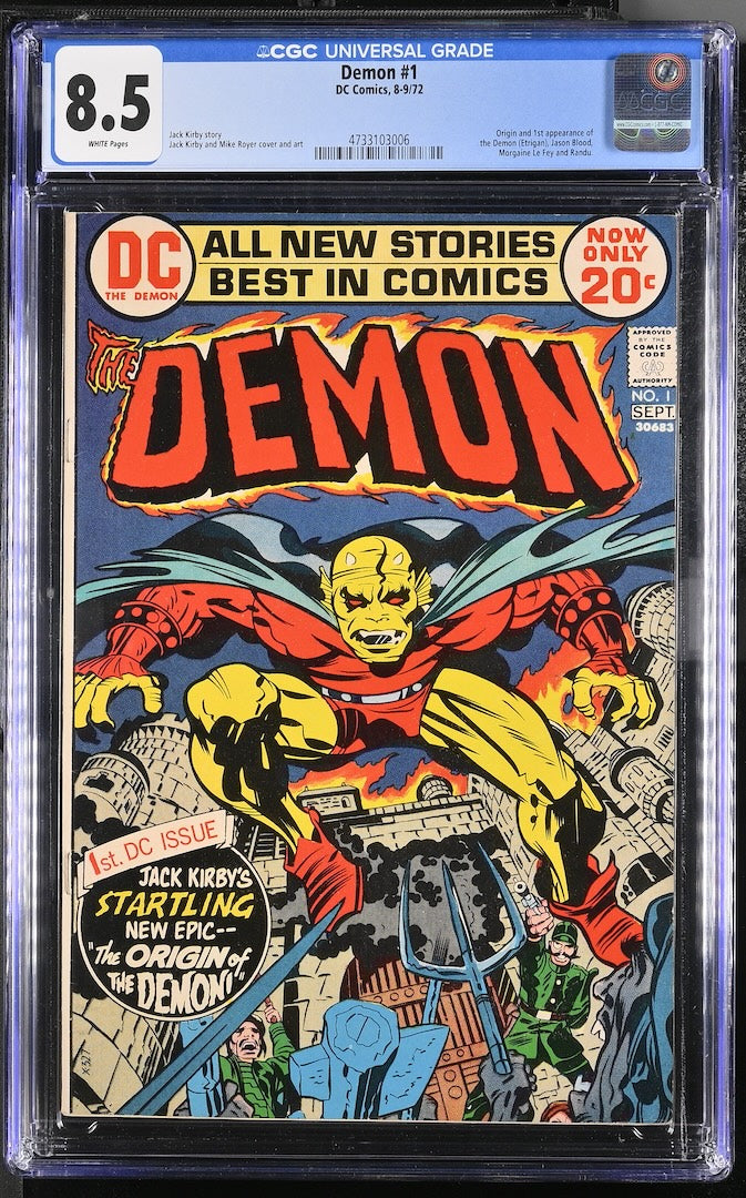 A graded comic book in a clear plastic protective slab. The product is DC Comics' 'Demon' Issue #1, graded 8.5