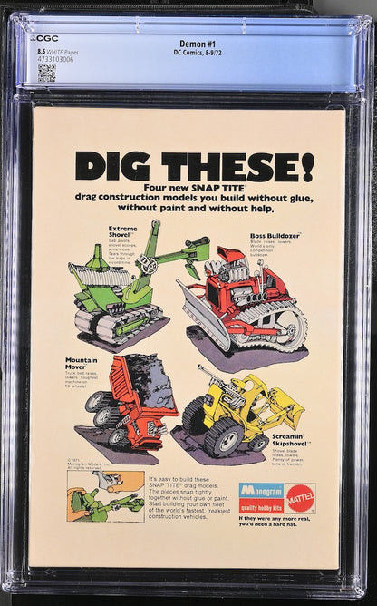 Back cover of encapsulated comic book featuring full page ad for Mattel construction toys. 