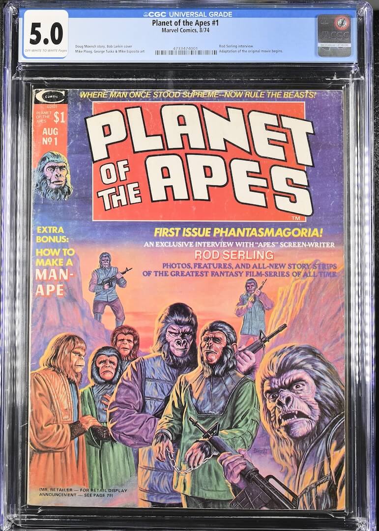 A graded vintage comic book, Planet of the Apes #1, encased in a clear plastic grading slab. 