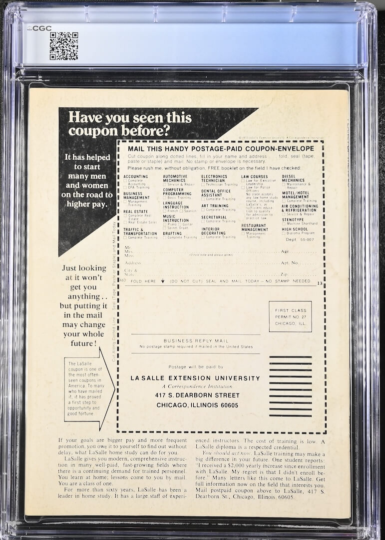 A vintage La Salle Extension University coupon on back cover of comic, inside a clear plastic grading case. 