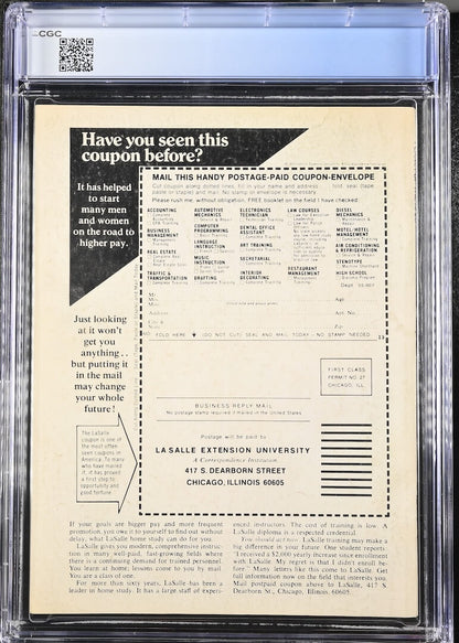 A vintage La Salle Extension University coupon on back cover of comic, inside a clear plastic grading case. 