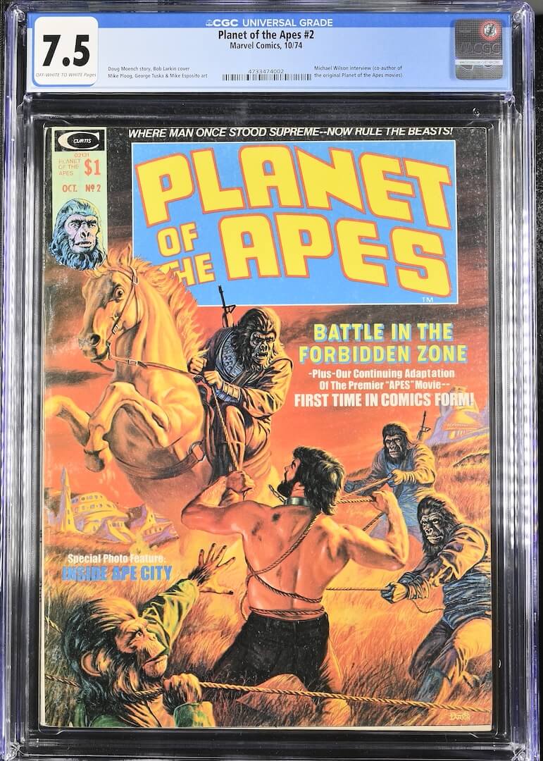 A graded comic book in a clear plastic protective case. The product is Planet of the Apes #2, graded CGC 7.5.