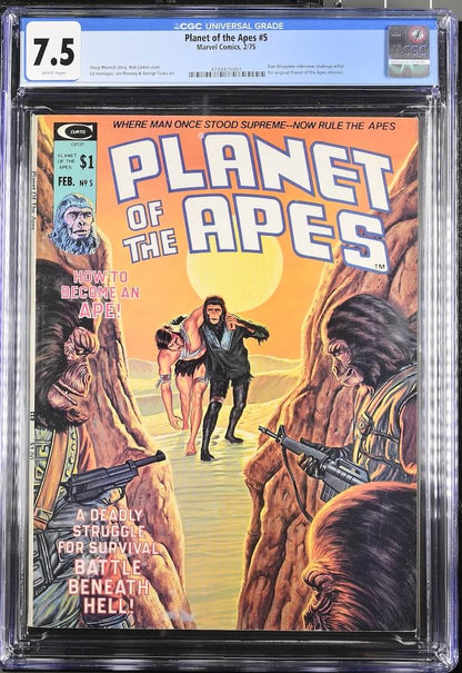 A graded comic book, Planet of the Apes #5, encapsulated in a CGC 7.5 protective case.