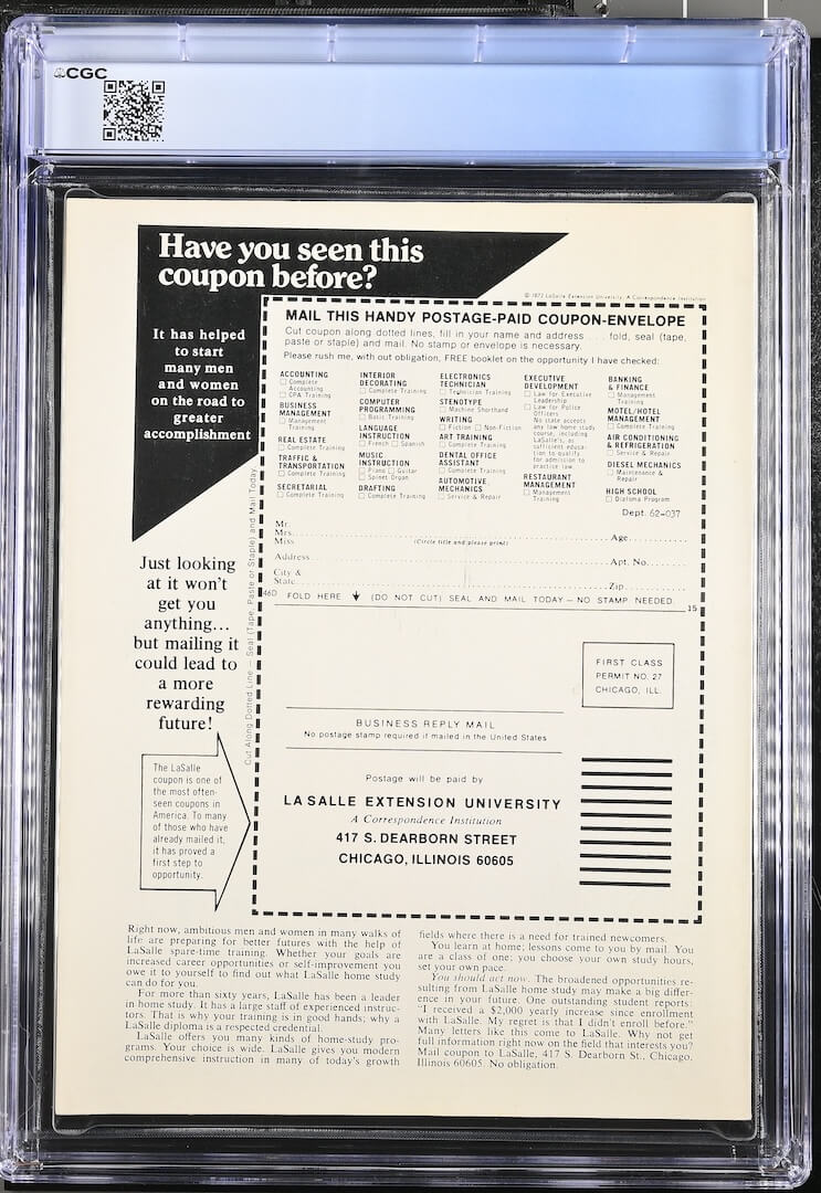 A vintage 1976 La Salle Extension University coupon envelope advertisement on back of comic. 