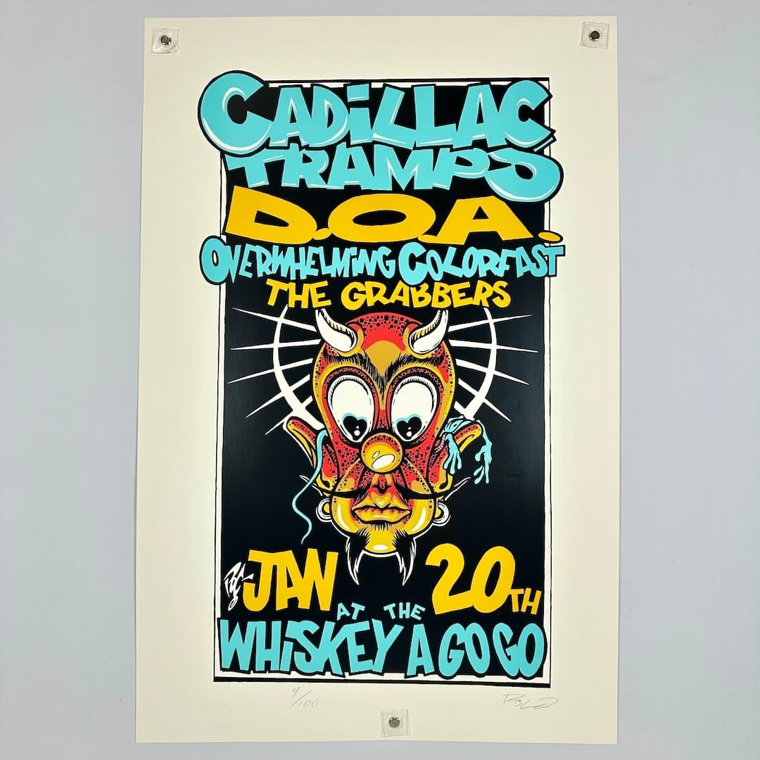 Vintage concert poster for Cadillac Tramps, DOA, and others with a colorful devil face illustration on a beige background.