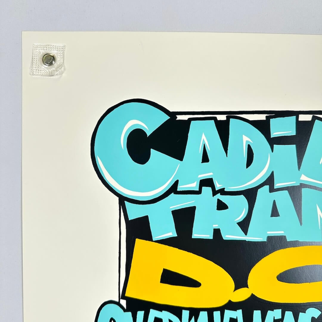 Vintage concert poster for Cadillac Tramps, DOA, and others with a colorful devil face illustration on a beige background.