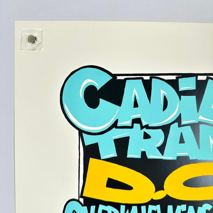 Vintage concert poster for Cadillac Tramps, DOA, and others with a colorful devil face illustration on a beige background.