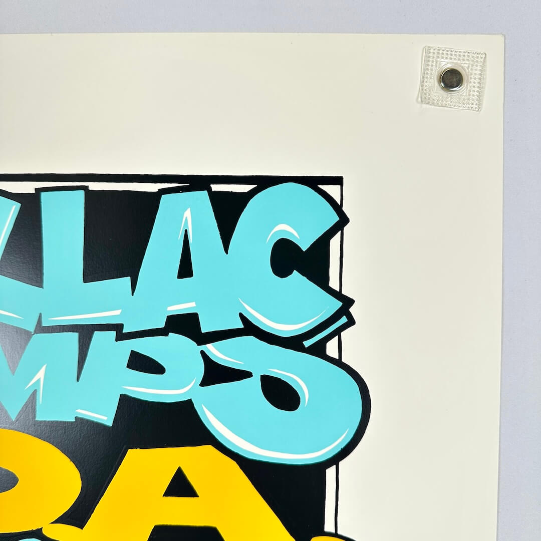 Vintage concert poster for Cadillac Tramps, DOA, and others with a colorful devil face illustration on a beige background.