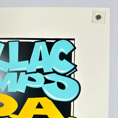 Vintage concert poster for Cadillac Tramps, DOA, and others with a colorful devil face illustration on a beige background.