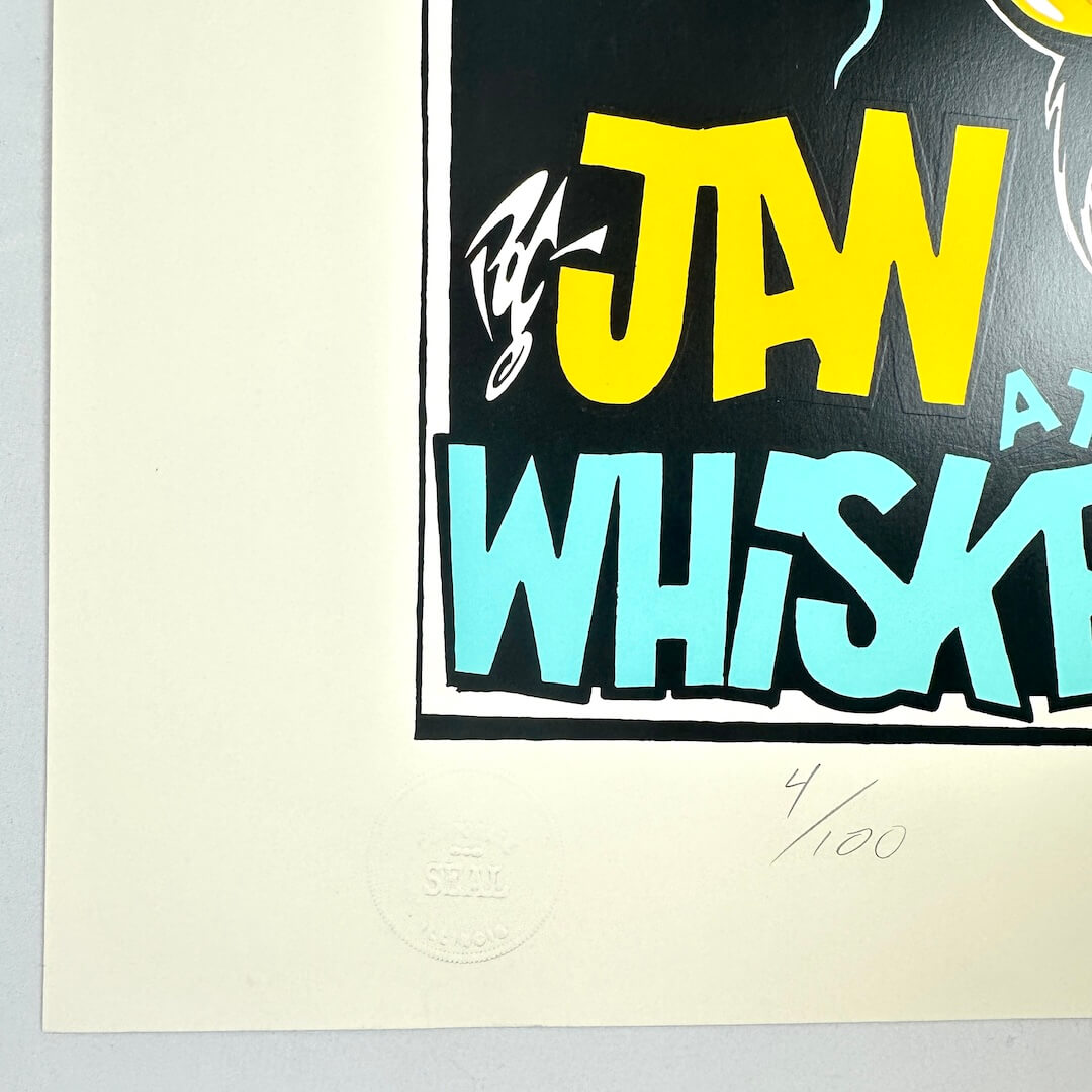 Vintage concert poster for Cadillac Tramps, DOA, and others with a colorful devil face illustration on a beige background.