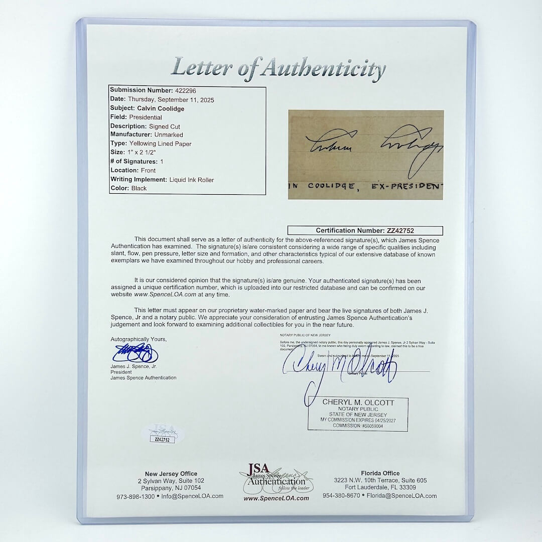 Certified Letter of Authenticity for Calvin Coolidge signature with specs and details along with official signatures. 