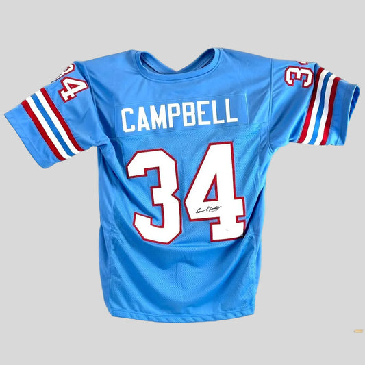 Blue football jersey with red and white accents and number "34" and "Campbell"