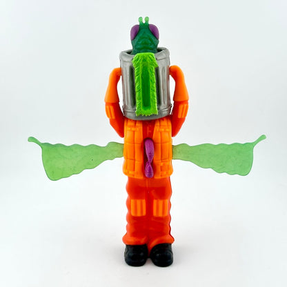 Toy figure with an orange suit, green head, and wings on a white background