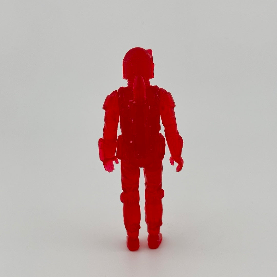 Red semi-transparent 3.5 inch custom figure of Boba Fett classic action figure, reverse view.