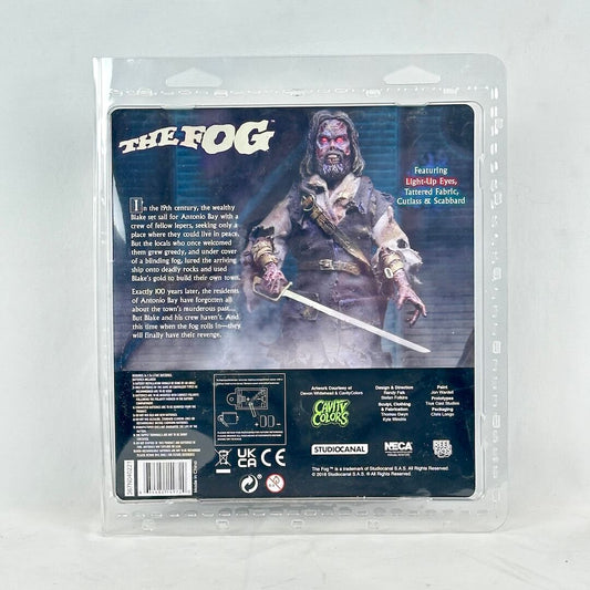 Action figure packaging for 'The Fog' with character illustration and text details.