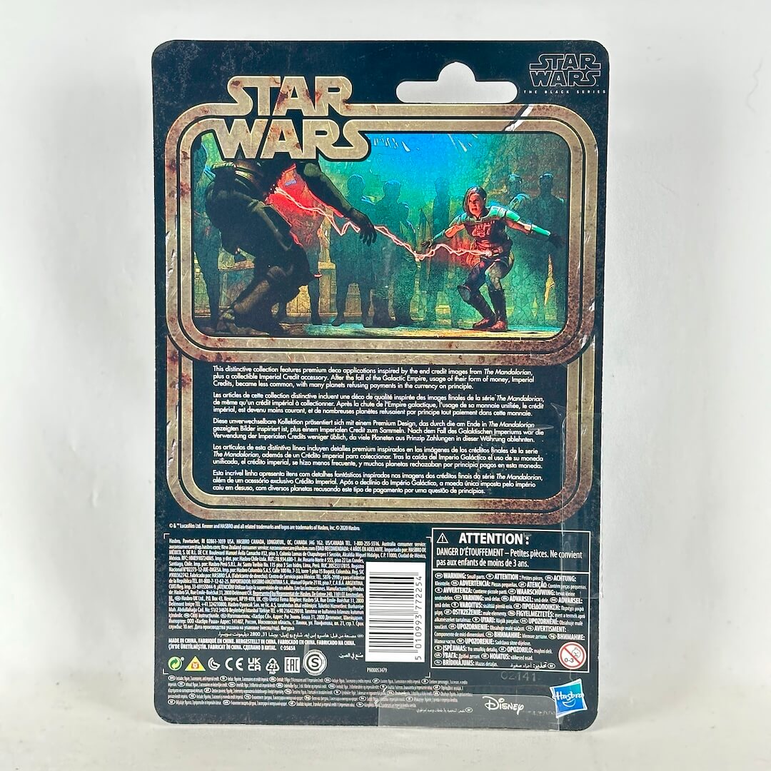 Back of Star Wars action figure packaging with colorful artwork and product information. 