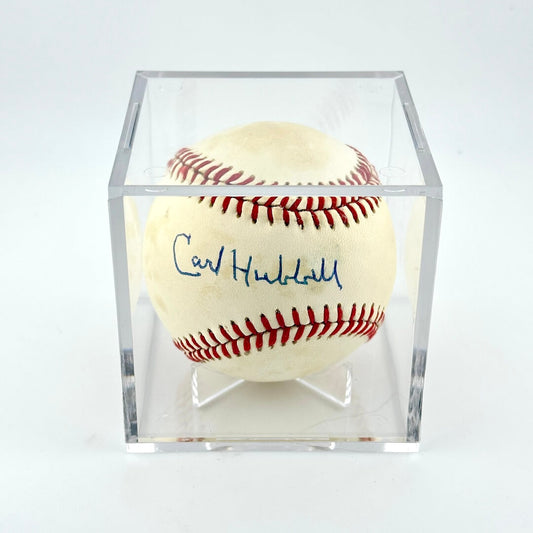 Signed baseball in a clear display case on a white background