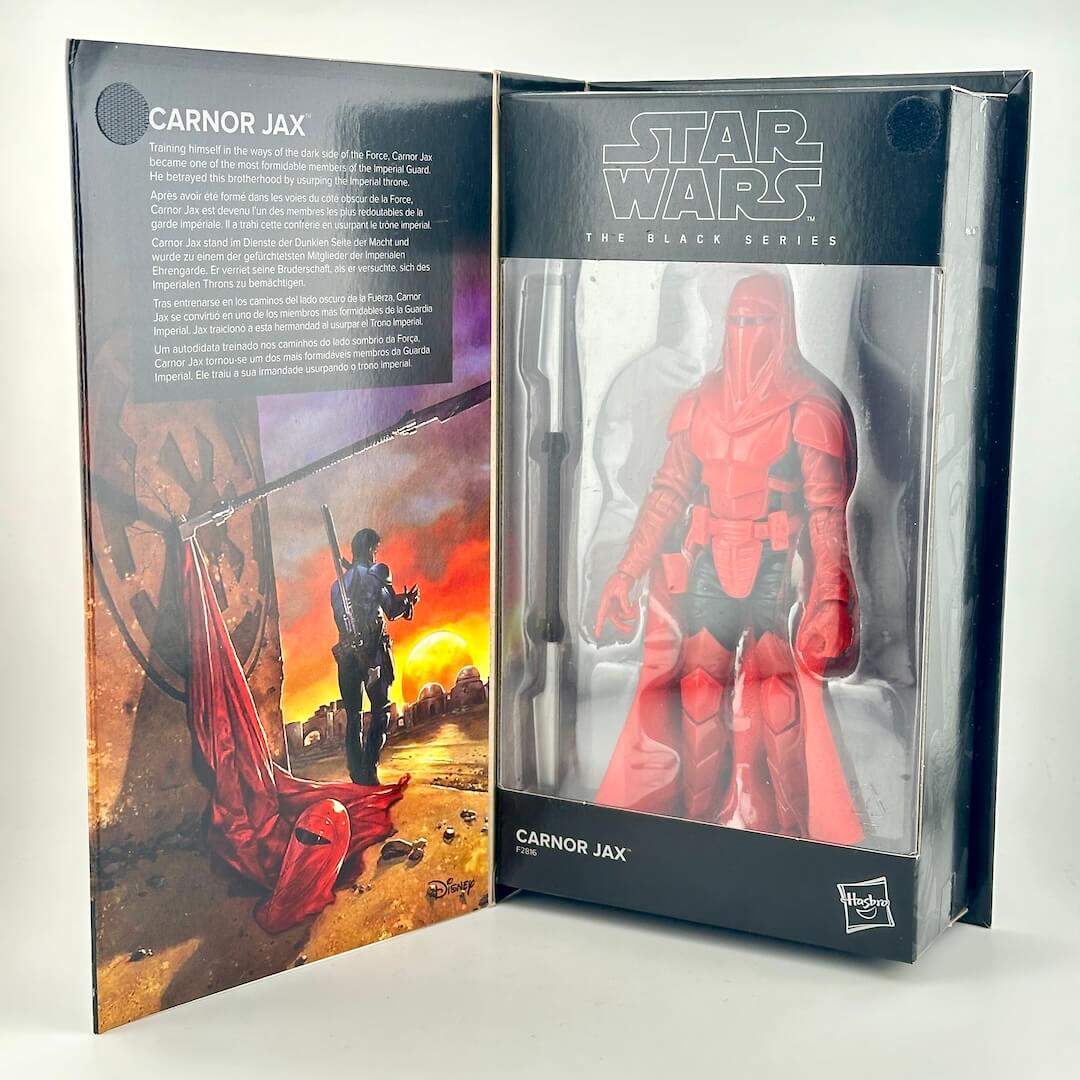 Star Wars The Black Series Carnor Jax action figure in its original packaging, showing the front window display.