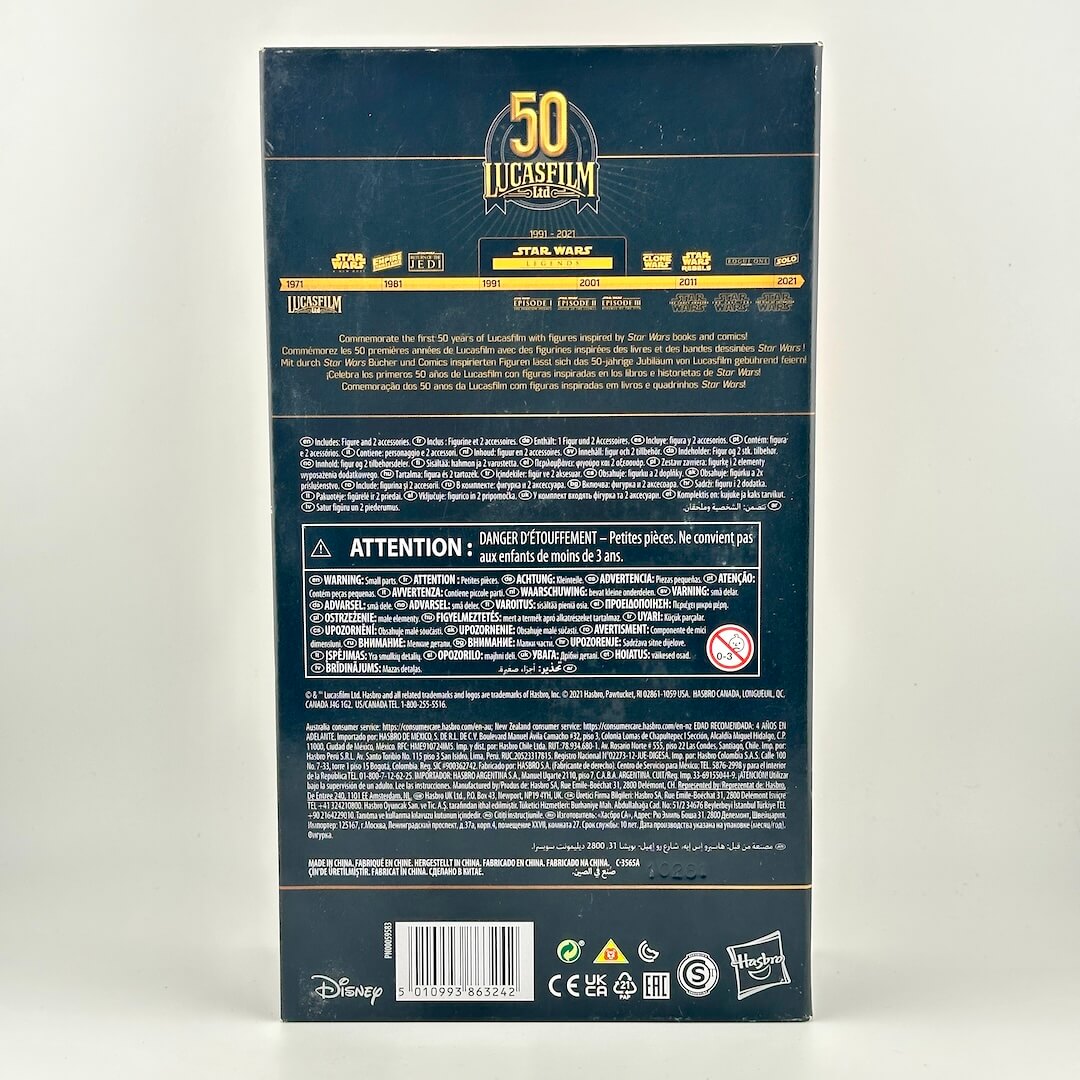 The back of a Disney Lucasfilm 50th Anniversary Star Wars box, featuring product details, & warning labels.