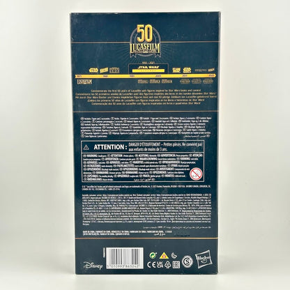 The back of a Disney Lucasfilm 50th Anniversary Star Wars box, featuring product details, & warning labels.