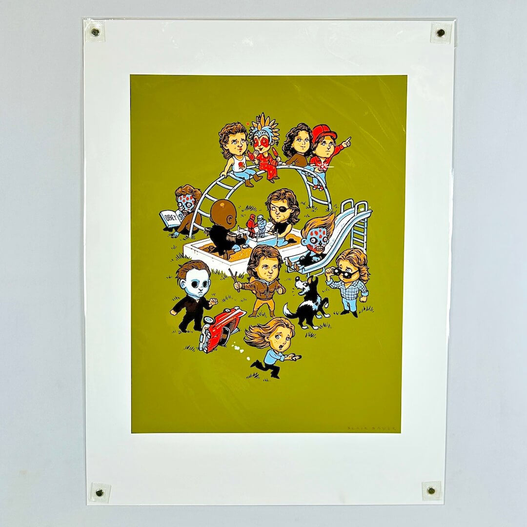 Art print featuring a cartoon illustration of various horror movie characters on a yellow-green background.