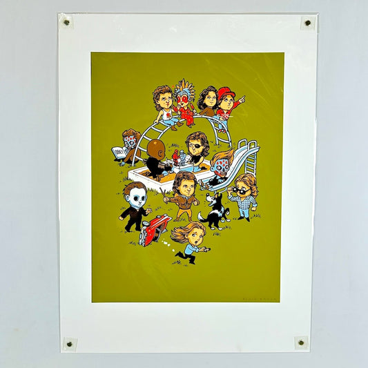 Art print featuring a cartoon illustration of various horror movie characters on a yellow-green background.