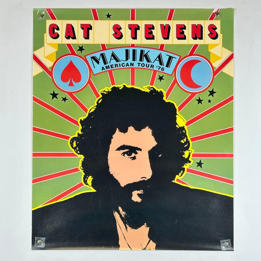 Poster of Cat Stevens with colorful design elements on a green background
