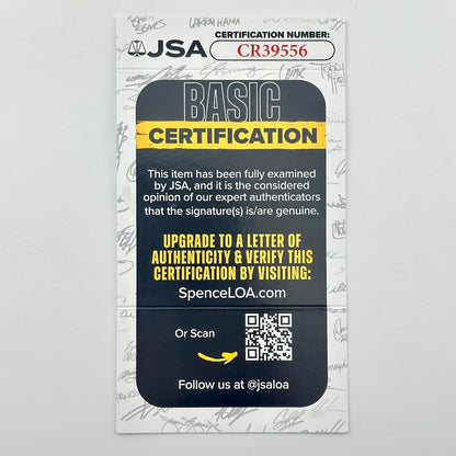 A JSA Basic Certification card with a dark navy blue central panel, yellow and white text, and a QR code.