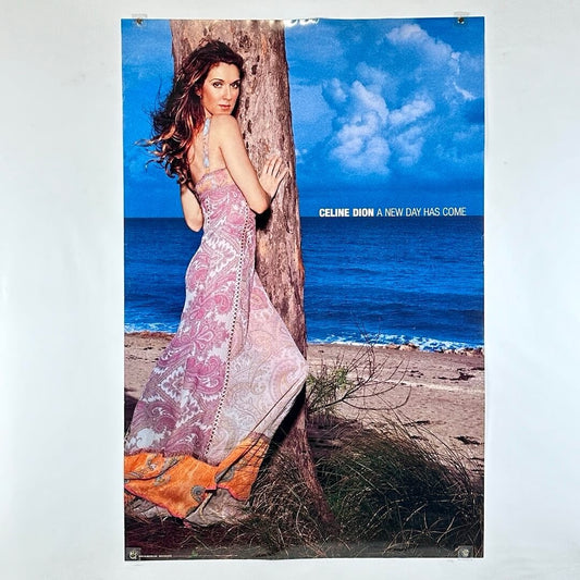 Poster of a woman in a dress leaning against a tree with ocean view, featuring 'Celine Dion A New Day Has Come'.