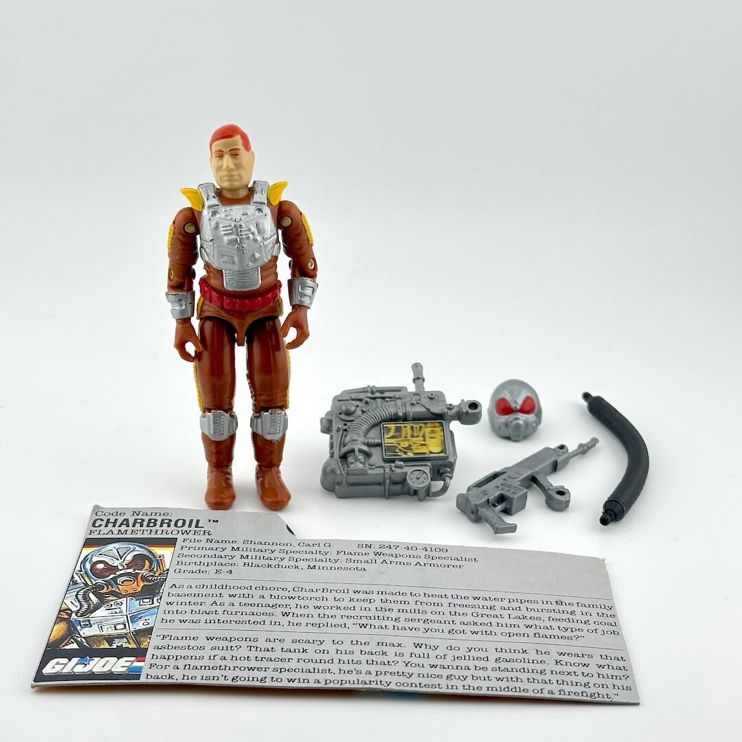 Toy figure with accessories and character card on a white background