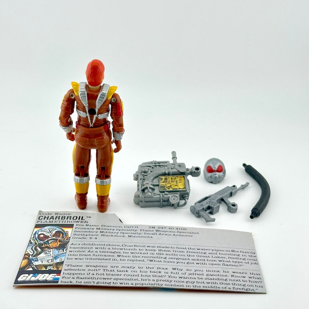Toy figure with accessories and character card on a white background