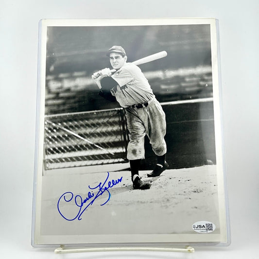 Vintage black and white photo of a baseball player holding a bat, signed by Charlie Keller with JSA authentication.