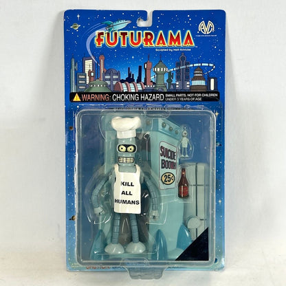 Futurama action figure in packaging with cityscape background