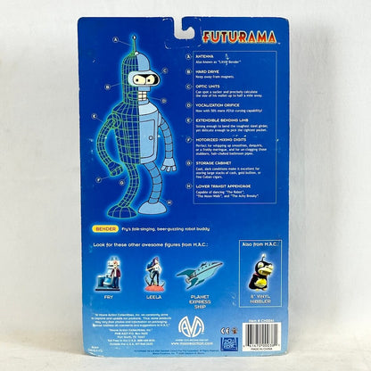 Futurama Bender action figure packaging with blue background and robot illustration.