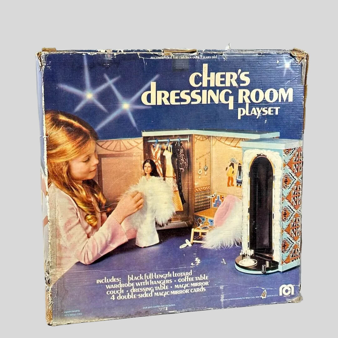 Box for Cher's Dressing Room playset with a girl and doll on a white background