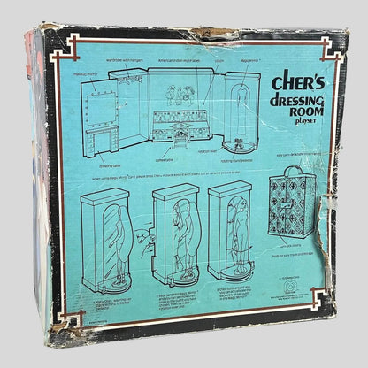 Vintage 'Cher's Dressing Room' playset box with illustrations and text on a white background
