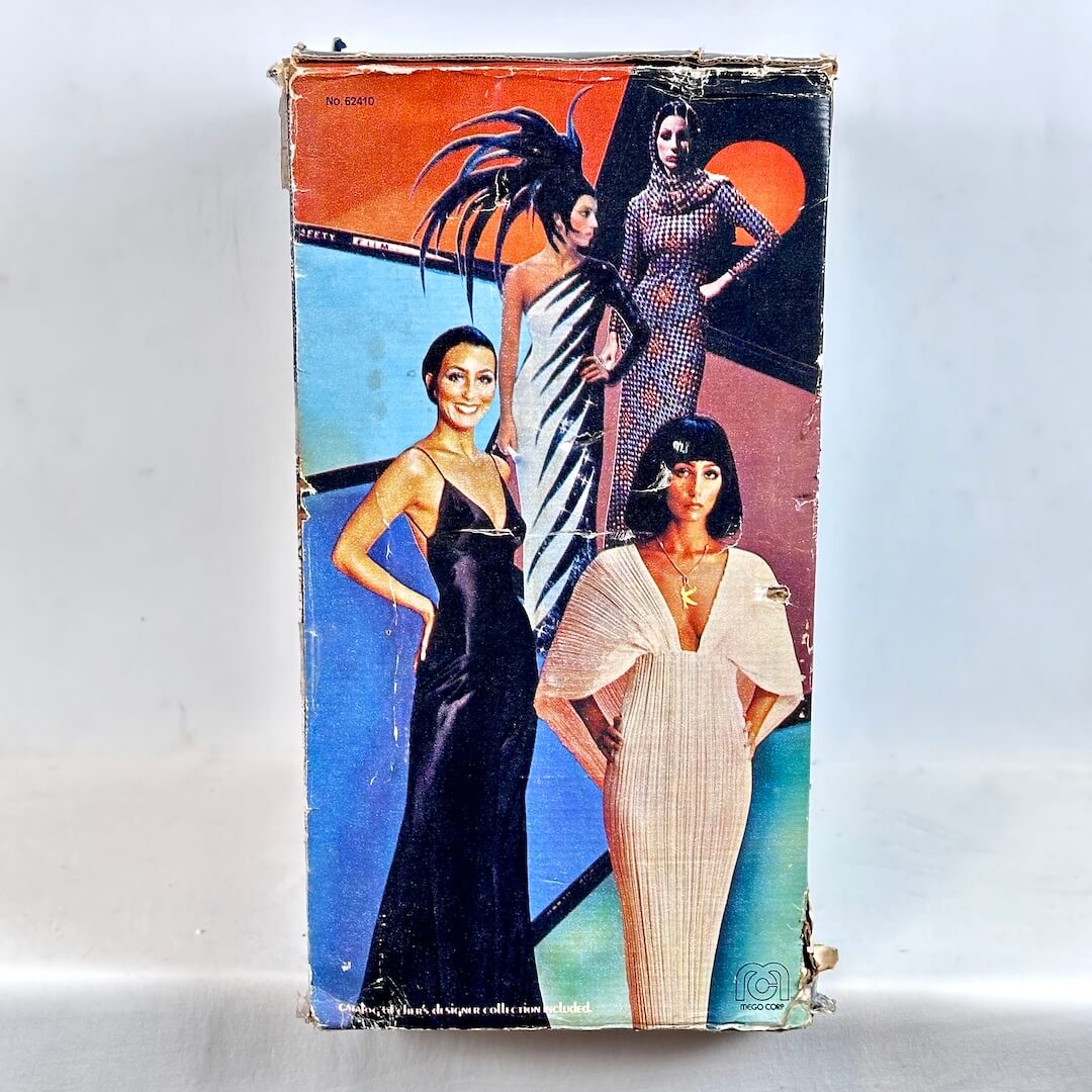 Vintage packaging with images of women in evening gowns on a white background