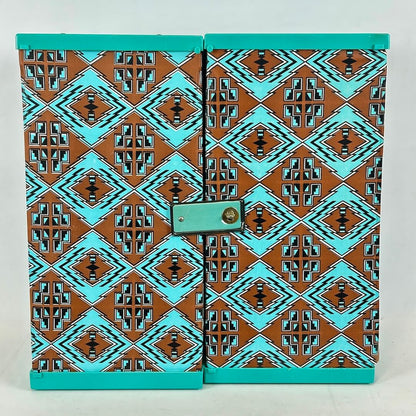 Two turquoise boxes with a geometric pattern on a light gray background