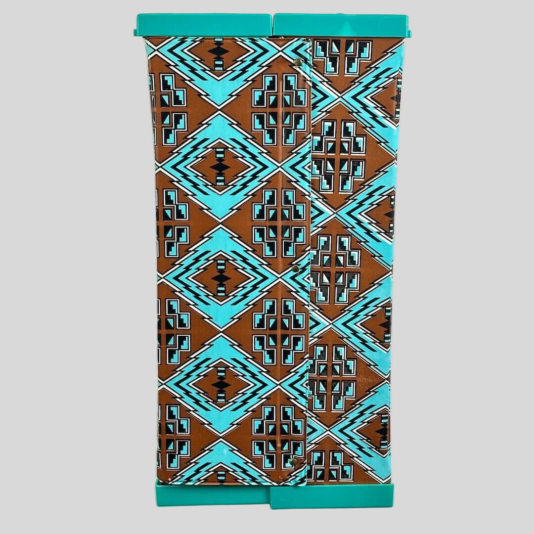 Rectangular box with a geometric pattern in brown and blue on a white background
