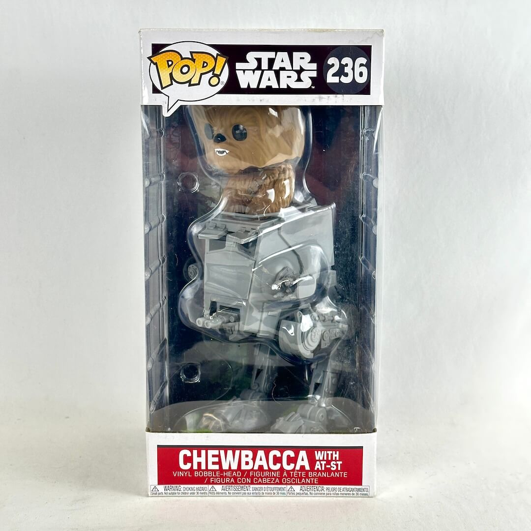 Funko Pop! Star Wars Chewbacca with AT-AT figure in its original window box packaging.