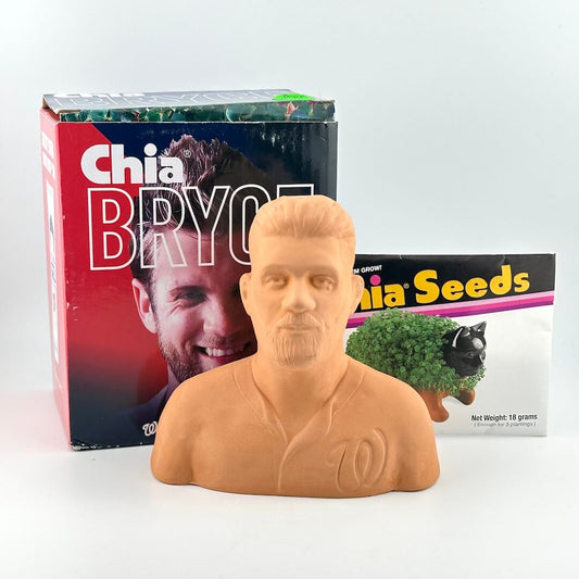 Bust of a man with 'Chia Bryo' packaging and 'Chia Seeds' box in the background
