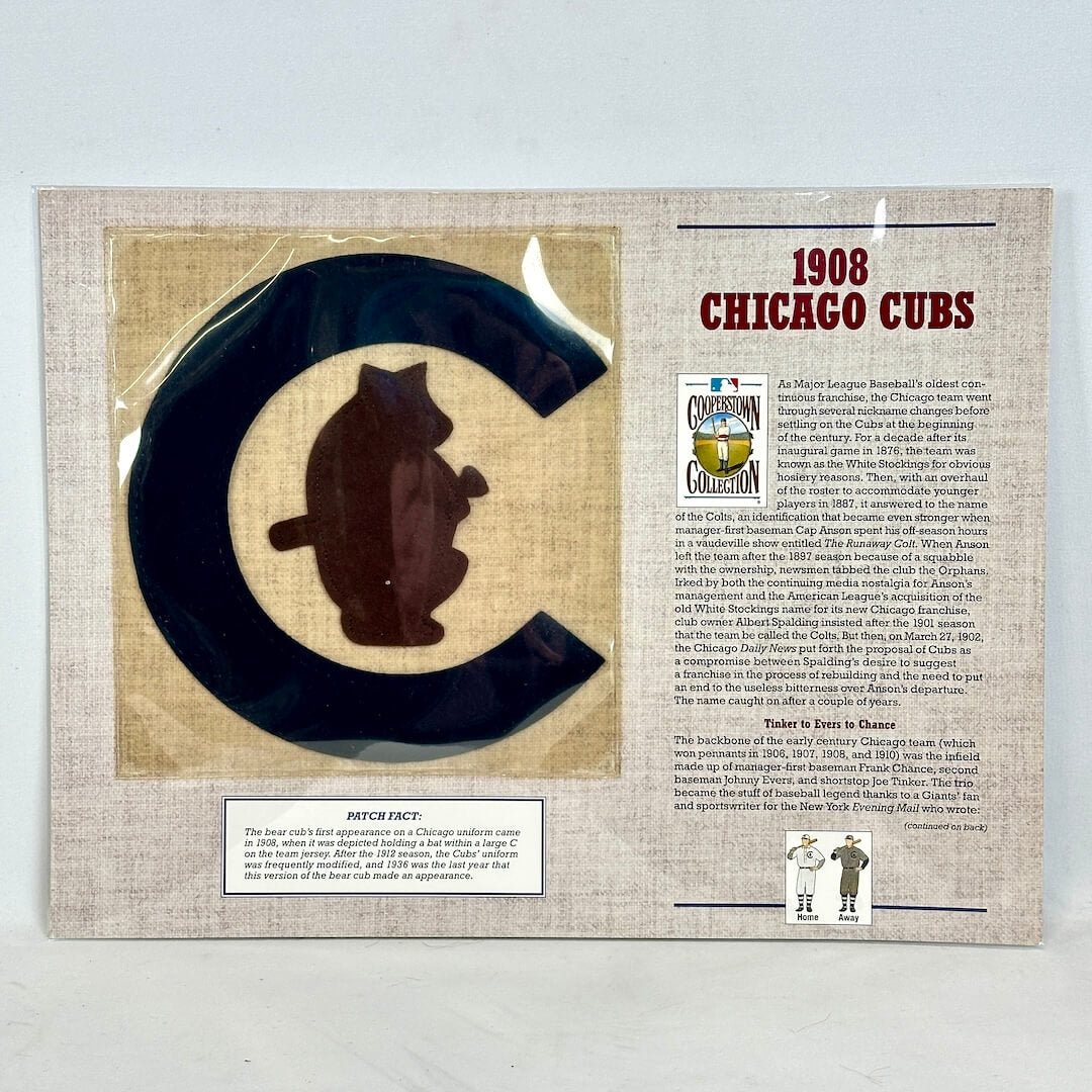 Document with vintage patch for Chicago Cubs along with historical facts on white background. 