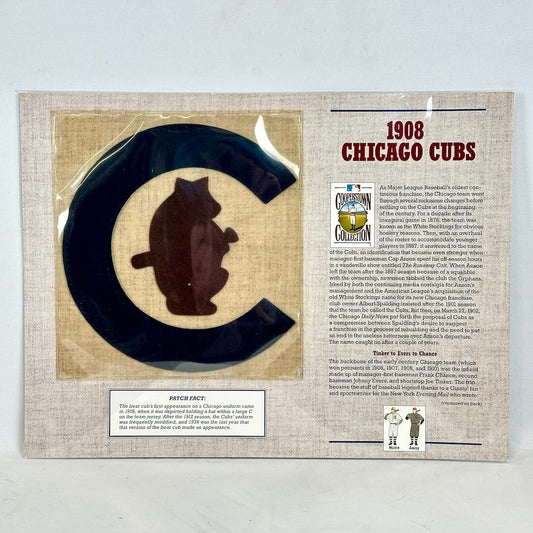 Document with vintage patch for Chicago Cubs along with historical facts on white background. 