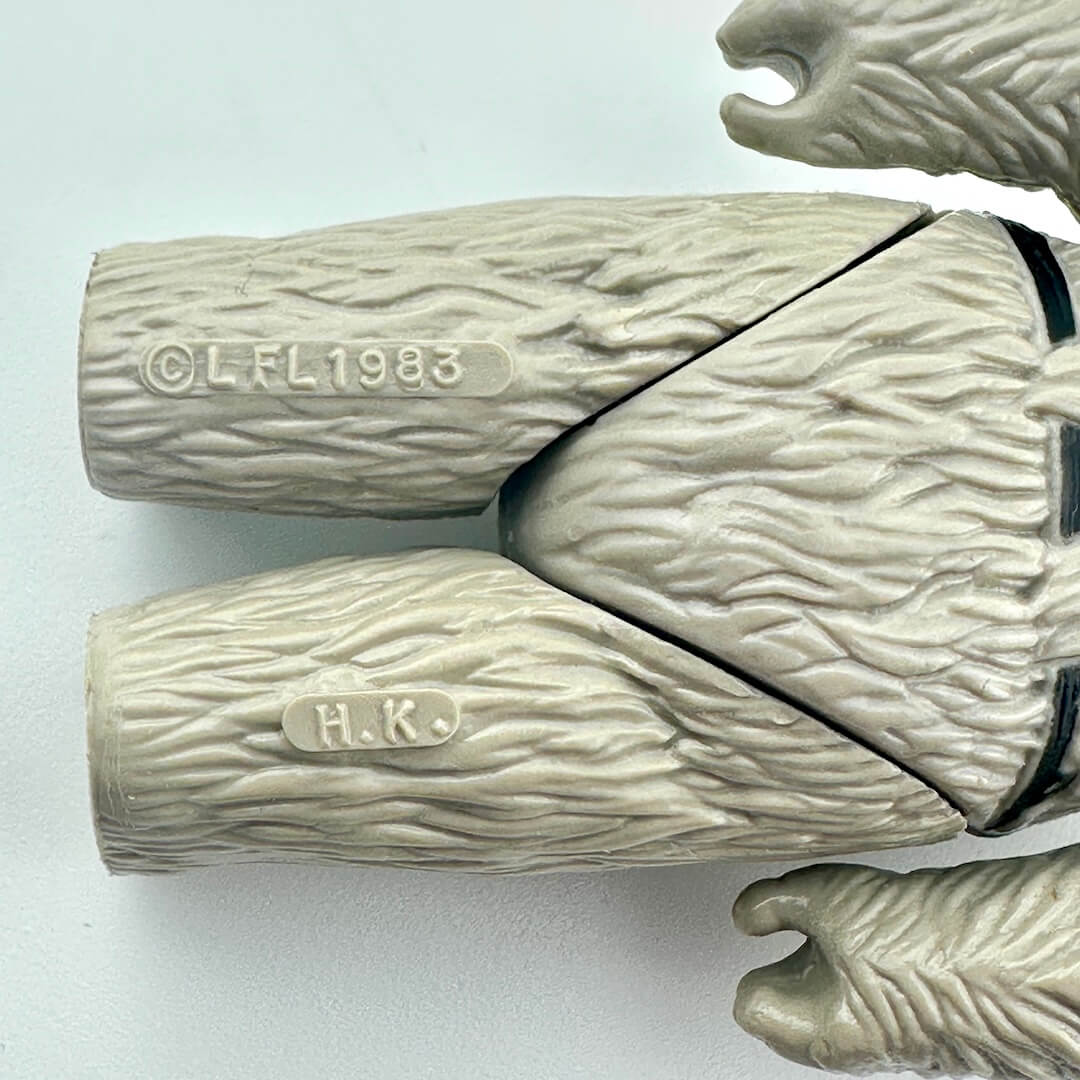 Close-up of back of figure's legs to show COO and copyright information. 