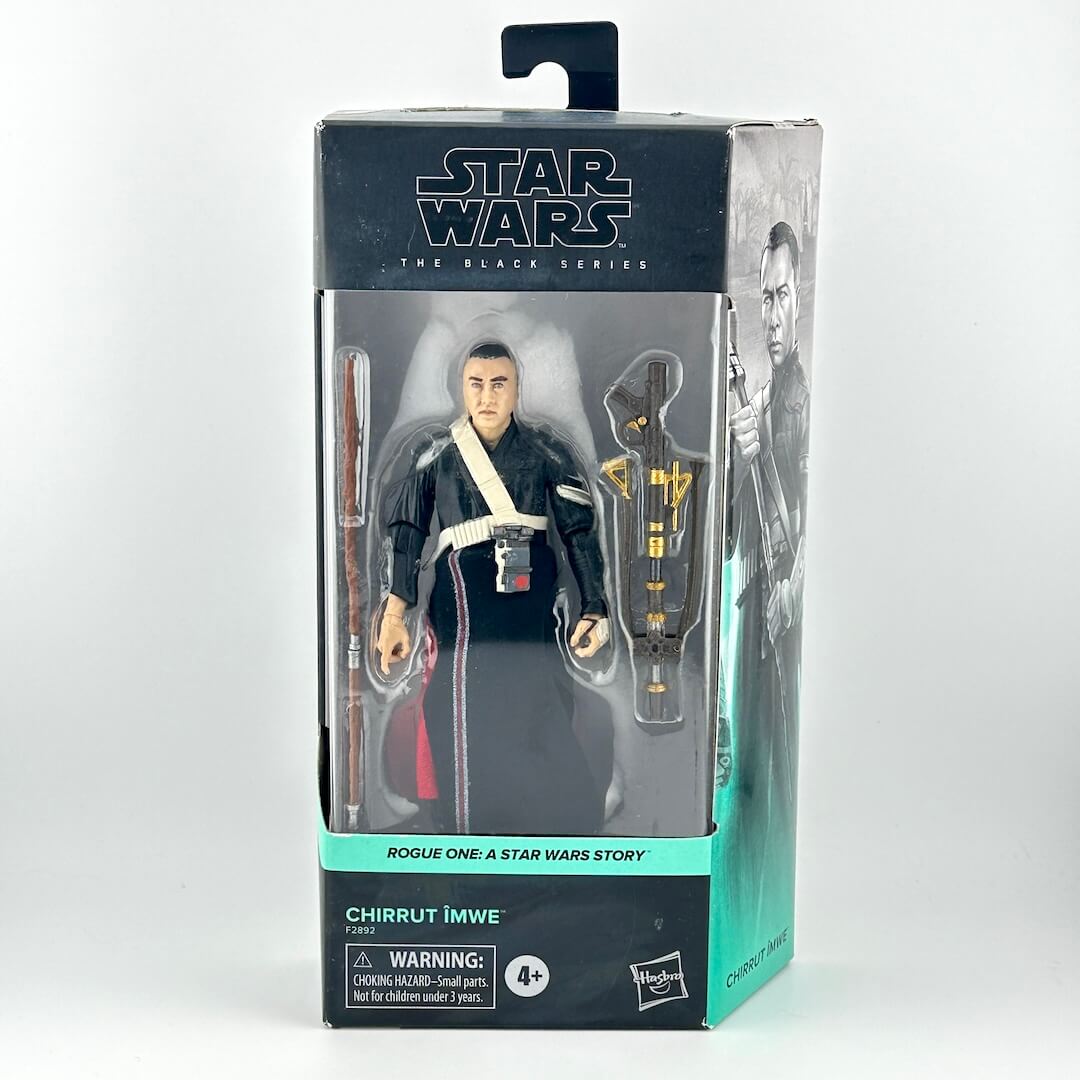 Star Wars The Black Series Chirrut Imwe action figure in its original window box packaging.
