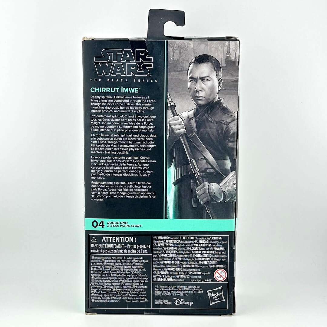 Back of a Star Wars The Black Series Chirrut Imwe action figure box, showing character artwork, & product text.