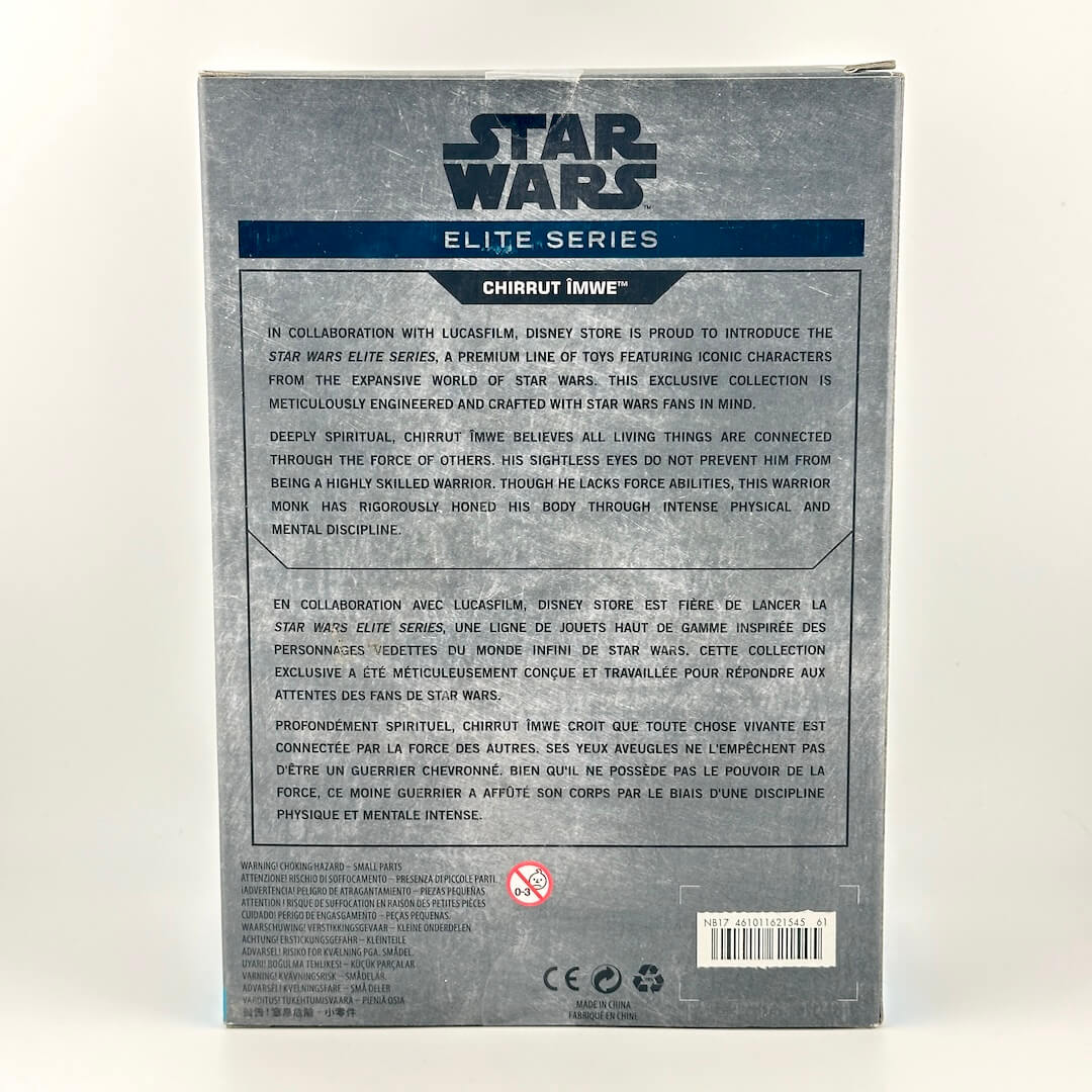 The back of a Star Wars Elite Series Chirrut Imwe toy packaging, featuring product details, descriptions in English & French.