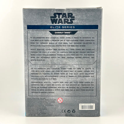 The back of a Star Wars Elite Series Chirrut Imwe toy packaging, featuring product details, descriptions in English & French.