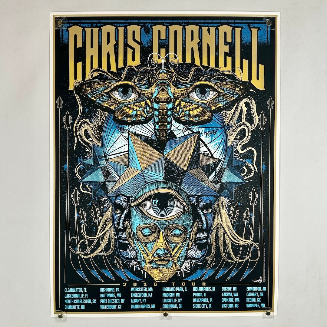 Colorful tour poster with with blue nature designs with gold accents throughout. 