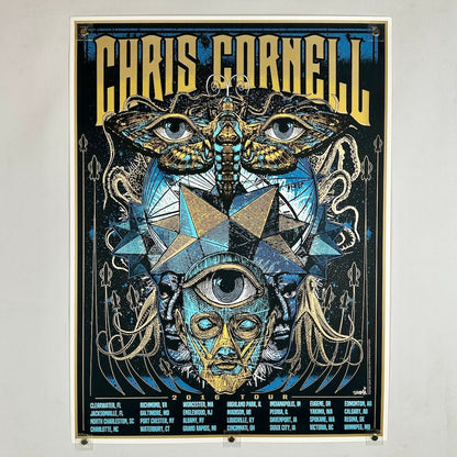 Colorful tour poster with with blue nature designs with gold accents throughout. 